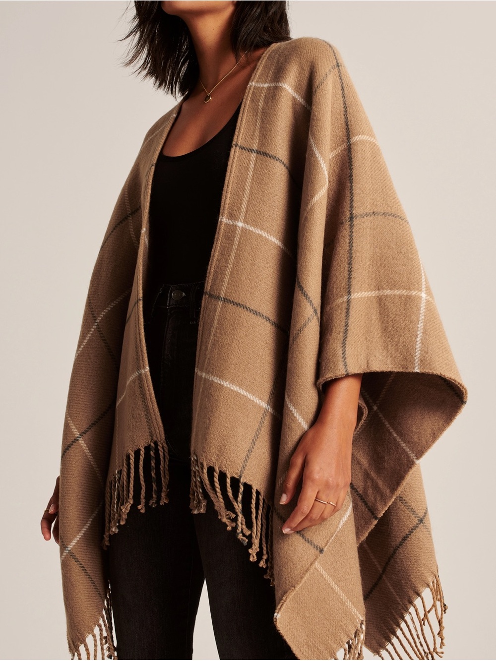 Abercrombie & Fitch Tan Plaid Windowpane Fringe Open Front Poncho Shawl